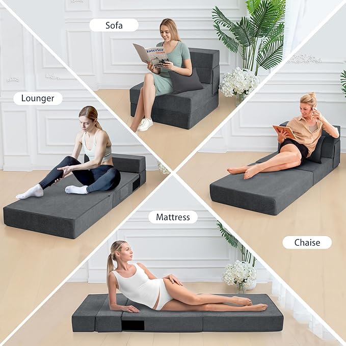 Folding Sofa Bed Chair with Pillow,Convertible Fold Out Chair Bed Sleeper,Foam Floor Mattress, Foldable Futon Couch Bed for Living Room/Dorm/Guest/Office (Grey, Single)