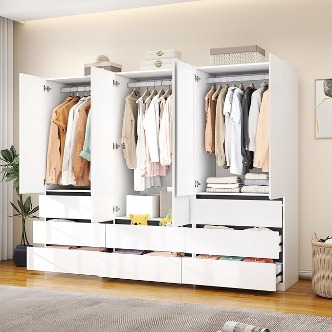 Wardrobe Closet with 6 Doors: 75" White Armoire with 8 Drawers, Wooden Wardrobe for Hanging Clothes, Tall Storage Cabinet with Shelves and Hanging Rod (B+B+A, 94.5")