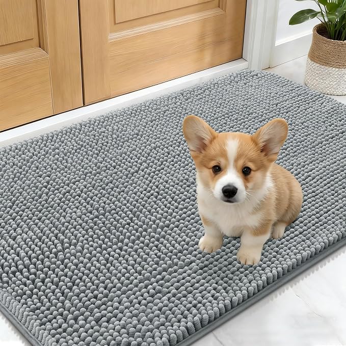OLANLY Dog Door Mat for Muddy Paws 24x16, Absorbs Moisture and Dirt, Absorbent Non-Slip Washable Doormat, Quick Dry Chenille Mud Mat for Dogs, Entry Indoor Entryway Carpet for Inside Floor, Grey by OLANLY