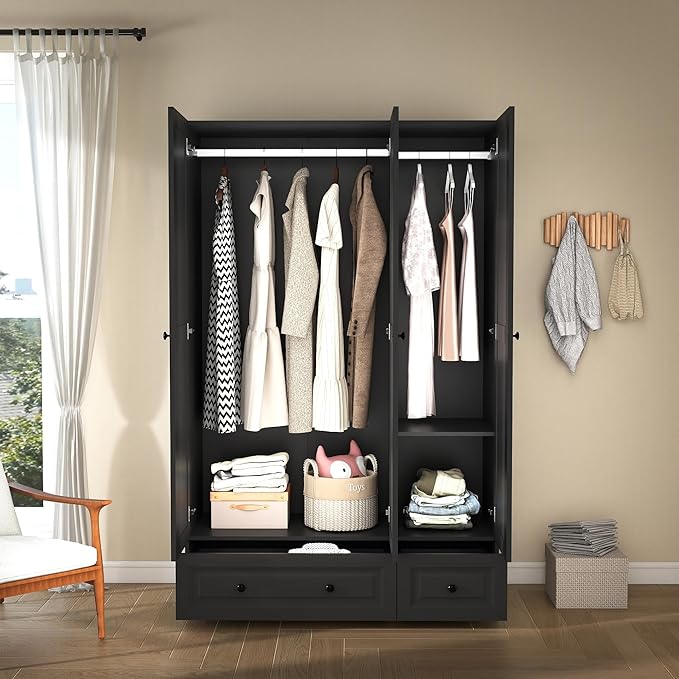Armoire Wardrobe Closet with Drawers: 74" Black Wardrobe Close with 3 Doors, Tall Armoire with Hanging Rod, Large Wood Clothes Cabinet for Bedroom (Black, 47")