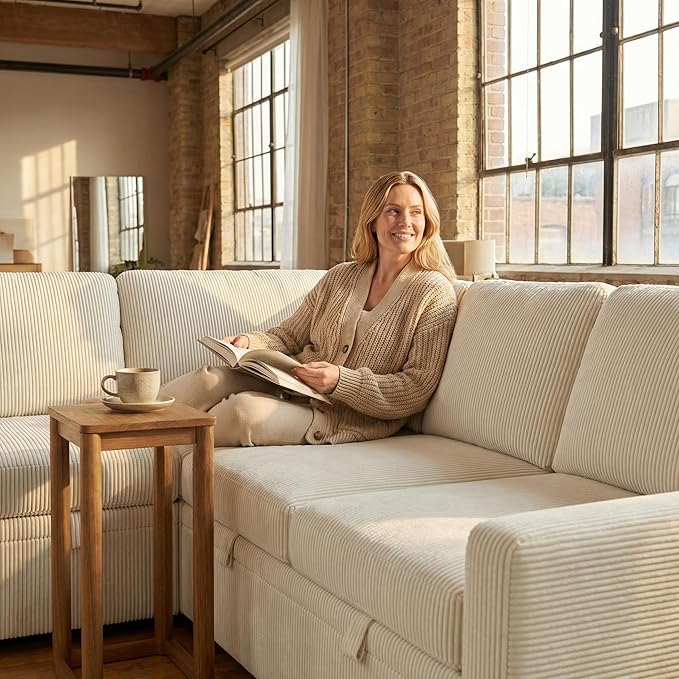 5-Seater Large Sectional Couch with Pull Out Bed, L Shaped Corduroy Sofa with Storage, Convertible Modular Sofa, for Living Room, Apartment, Beige