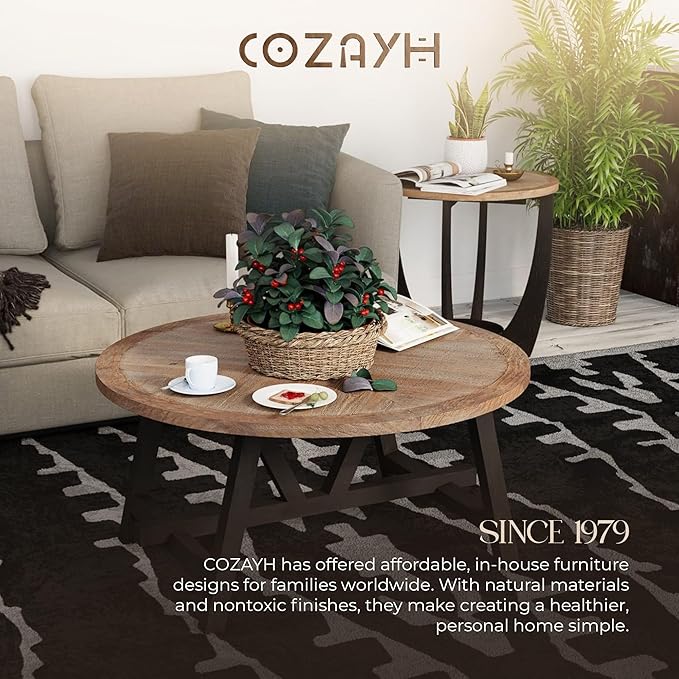 COZAYH Rustic Farmhouse End Table with Storage Shelf, French Country Modern Round Accent Side Table for Small Spaces, Wood Top & Black Base