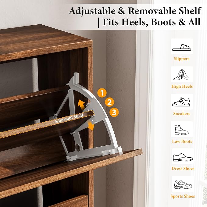 Nicetree Mid-Century Modern Slim Shoe Cabinet for Entryway, 9.5" Narrow Shoe Storage Cabinet with Architectural Arched Fluted Front, Entryway Shoe Storage with Adjustable Shelves,Classic Walnut - Image 4