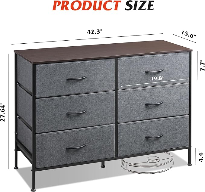 WLIVE Dresser for Bedroom with 6 Drawers, Wide Dresser TV Stand for 50 Inches TV, Grey Dresser with Metal Frame, Wooden Top, Fabric Dressers for Bedroom, Living Room, Hallway, Dark Grey - Image 3