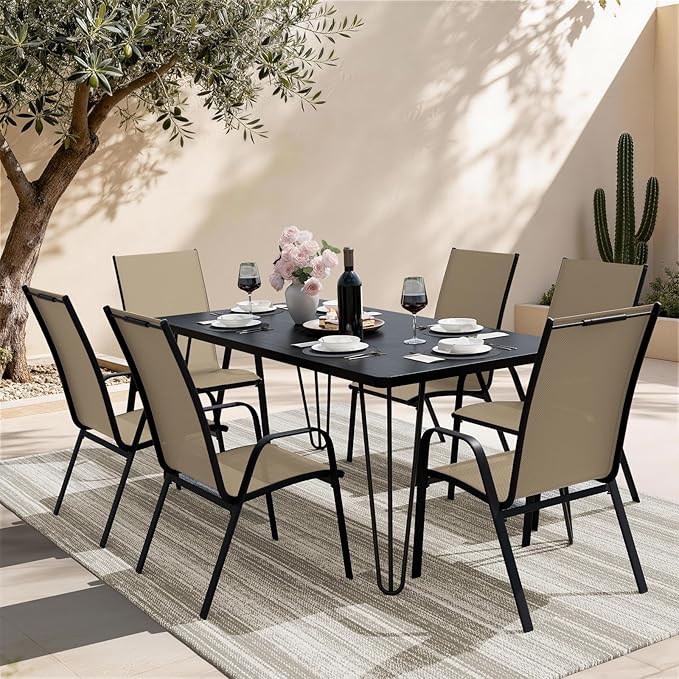 JEAREY Patio Dining Chairs Set of 6, Outdoor Stackable Dining Furniture Set, All Weather Dining Set for Lawn, Garden, Backyard, Poolside, Beige - Image 2