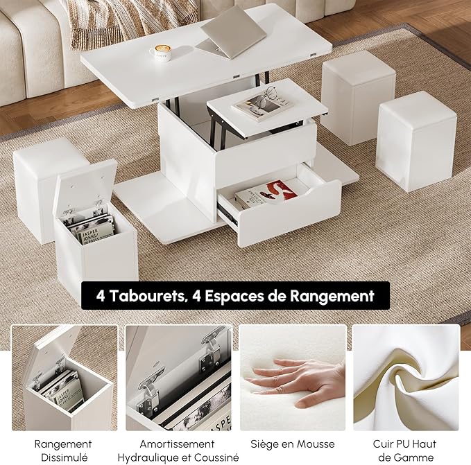 homary White Lift Top Coffee Table with Hidden Storage, 3 in 1 Multi-Function Modern Folding Center Table with 4 Stools and Casters