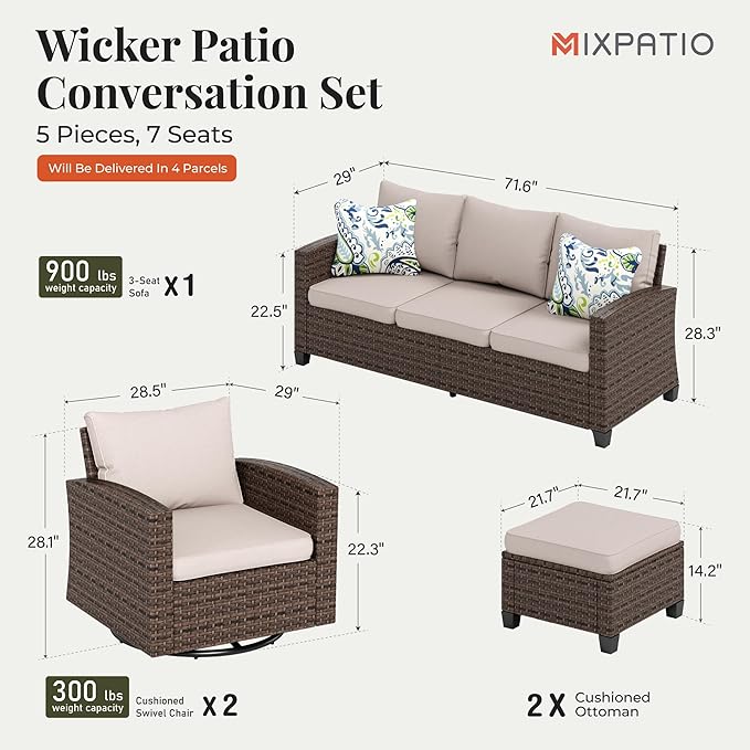 Swivel Glider Patio Furniture Set, 5 Pcs Wicker Rattan Outdoor Conversation Set, 2 x Swivel Chairs, 1 x 3 Seater Sofa and 2 x Ottoman with 4" Thick Cushion, Beige