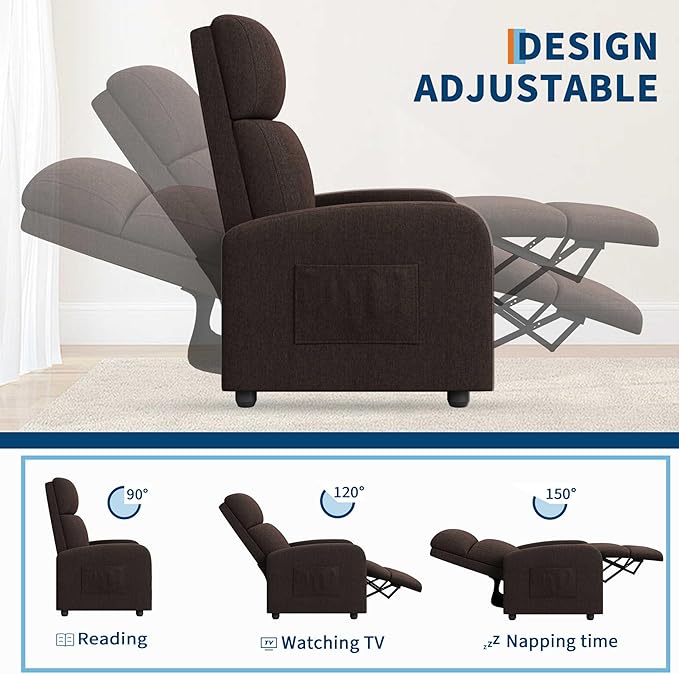 Garvee Recliner Chair for Adults, PU Leather Lazy Recliner Ergonomic Adjustable Single Sofa Enhanced with Side Pocket, Tall Back, Wide Arms & Padded Seat, Home Theater Seating for Living Room