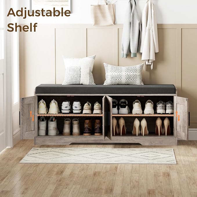 Homleke 2-Tier Storage Bench, Shoe Bench with Thickened Padded Seat Cushion, Entryway Bench with 4 Doors, Adjustable Shelf, 13.8" D x 45.3" W x 18.5" H, for Entryway, Living Room, Bedroom, Greige - Image 5