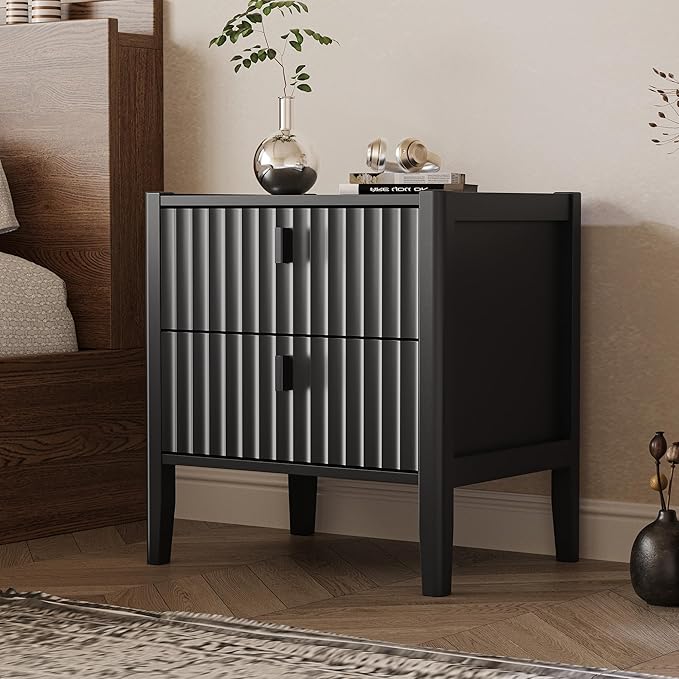 MAISONARIA 3-Piece Dresser Bedroom Set, 5 Drawer Dresser & 2 Drawer Nightstands with Metal Handles, Fluted Wood Chest of Drawers for Bedroom, Living Room, Entryway, Black