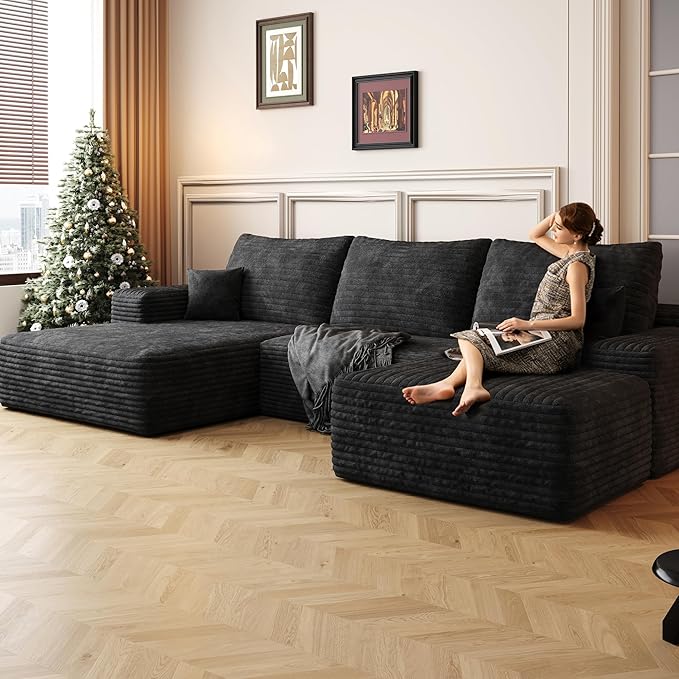 108" Cloud Modular Sectional Sofa Couch with Ottoman and L-Shape Chaise, Minimalist Upholstered Compressed Couches,Deep Seat Floor Sofa Couch,No Assembly Required