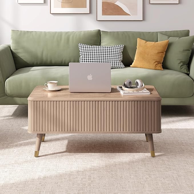 SULIVES Lift Top Coffee Table with Storage,Fluted Coffee Table with Lifting Top,Mid Century Modern Center Table with Solid Wood Legs,Small Coffee Tables for Living Room,Oak