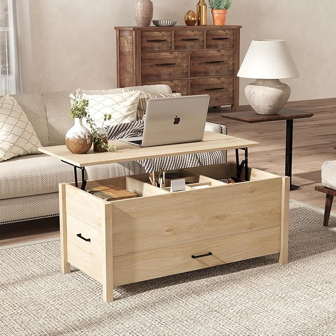 Bonzy Home Lift Top Coffee Table, Wooden Center Table with 3 Drawers and Hidden Compartments, Rectangle Coffee Table for Living Room, Natural Oak