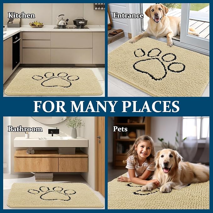 OLANLY Dog Door Mat for Muddy Paws 36x24, Paw Print Design, Absorbs Moisture and Dirt, Absorbent Non-Slip Washable Doormat, Quick Dry Chenille Mud Mat for Dogs, Entry Indoor Entryway Carpet, Sand - Image 8