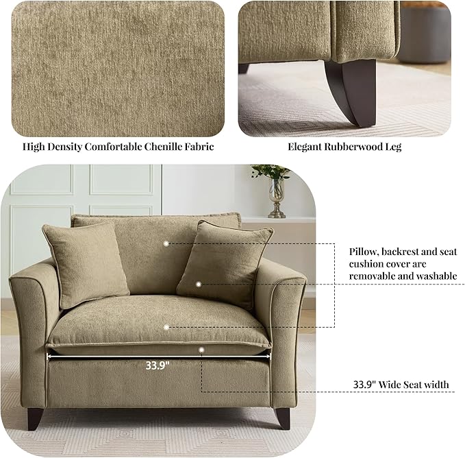 46.3 Inch Oversized Armchair Chenille Fabric Chair and a Half Single Sofa with Pillow Removable Washable Covers Rubberwood Legs Ruffled Armrests for Living Room Bedroom Office Apartment, Green
