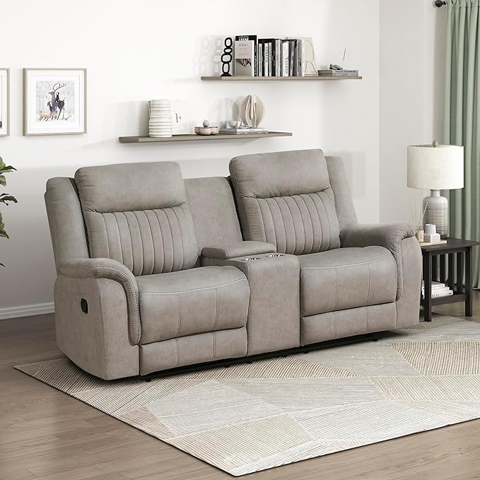 Lexicon Manual Double Reclining Loveseat, Polished Microfiber Manual Wall Hugger Loveseat Recliner for Living Room, Center Storage Console/Cup Holders, Easy Assembly, Dove