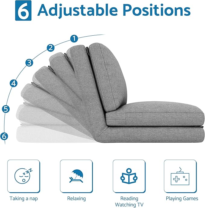 LIFERECORD Convertible Futon Sofa Bed 4 in 1 Multi-Function Modern Mini Single Floor Sleeper Chair with Adjustable Backrest for Living, Small Room Apartment, Dorm, Grey