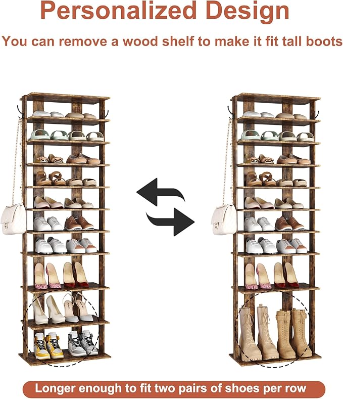 HOMEFORT 10-Tier Vertical Shoe Rack, Corner Shoe Tower, Double Rows 10 Tiers Shoe Shelf, Slim Shoe Storage Unit for 20 Pairs of Shoes, Shoe Stand for Entryway, Hallway, Closet (Rustic Brown) - Image 6