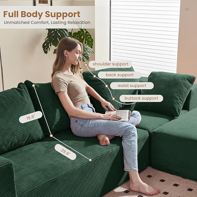 108" L-Shaped Boneless Couch, Modular Sectional Sofa with Moveable Ottoman, Corduroy Cloud Couches for Living Room, No Assembly, Ship in a Box, Green