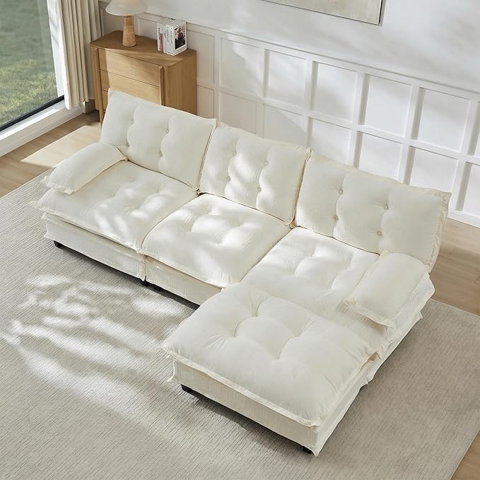 108" Oversized L Shaped Modular Sectional Sofa with Reversible Ottoman, Comfy Chenille Upholstered Cloud Couch 4-Seater Sofa Set for Living Room, Apartment, Office | Free Combination, Tufted