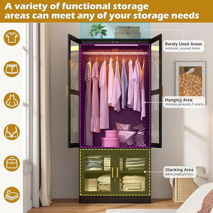 chartustriable 2 Doors Armoire Wardrobe Closet with LED,71" H Freestanding Wooden Wardrobe Closet Cabinet for Bedroom,Wooden Clothing Storage Cabinet with Hanging Rod,Closets for Bedroom(Black)