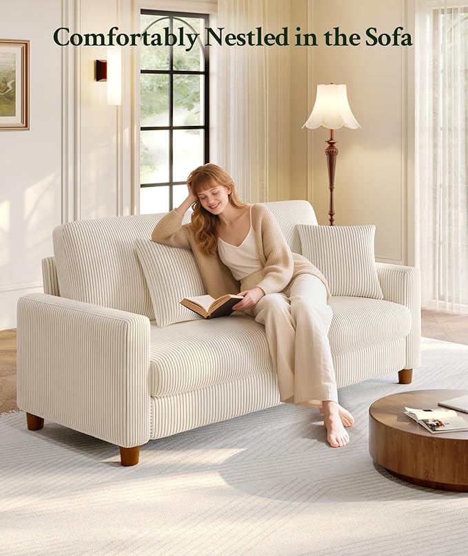 70.2" Couches for Living Room, Comfy Beige Couch 7.1" Extra Thick Cushion, Sofas for Living Room Tool-Free Setup, Loveseat Sofa 705lbs Support, Corduroy Couch for Bedroom, Apartment, Office