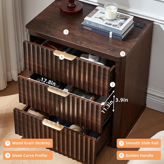 LEYAOYAO Fluted Farmhouse Nightstand Set of 2 with Charging Station, 23" Wide 3 Drawers Night Stand,Walnut Dresser for Bedroom,Bed Side Table Chest of Drawers,Wood End Table for Living Room - Image 8