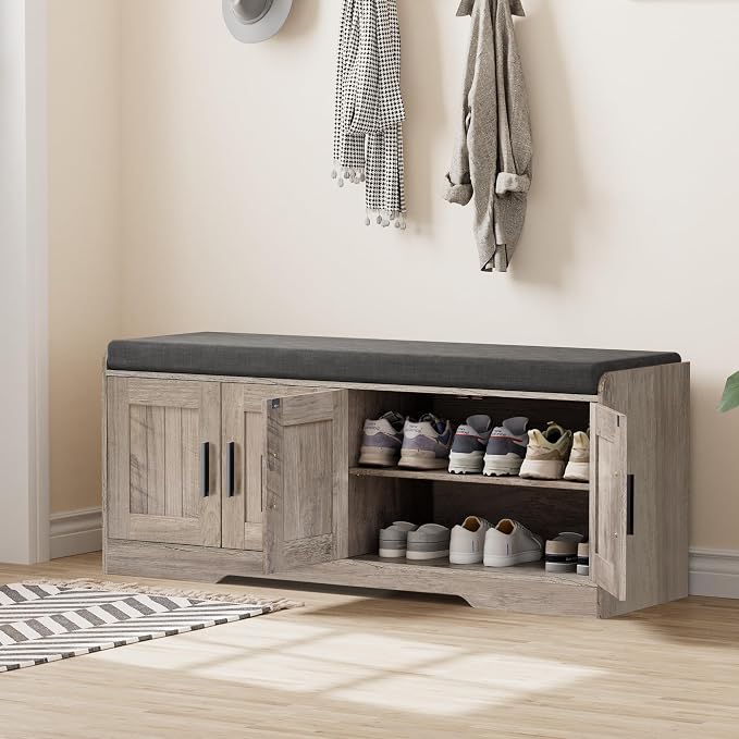 Homleke 2-Tier Storage Bench, Shoe Bench with Thickened Padded Seat Cushion, Entryway Bench with 4 Doors, Adjustable Shelf, 13.8" D x 45.3" W x 18.5" H, for Entryway, Living Room, Bedroom, Greige - Image 3