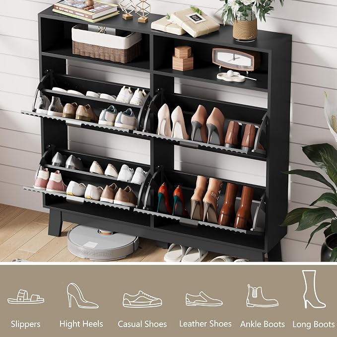 Shoe Cabinet Storage for Entryway with 4 Flip Drawers, Fluted Narrow Shoe Organizer with Wooden Legs & Top Cubby, Freestanding Slim Shoe Storage Hidden Shoe Rack for Front Door Entrance, Black - Image 3