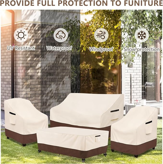 Rileytee Patio Furniture Set Covers, 4 Pcs 600D Heavy Duty 100% Waterproof Outdoor Furniture Cover, Fit Patio Loveseat, Chair and Coffee Table (Beige & Brown) - Image 7