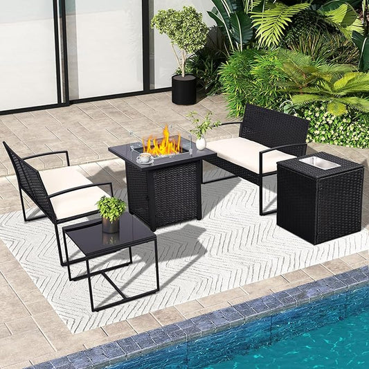 FHFO 5 Piece Outdoor Patio Furniture Set with 28”Gas Fire Pit Table & Ice Bucket Storage Box, Outdoor Wicker Rattan Patio Conversation Set for Outside, Poolside, Balcony, Porch, Black-Beige