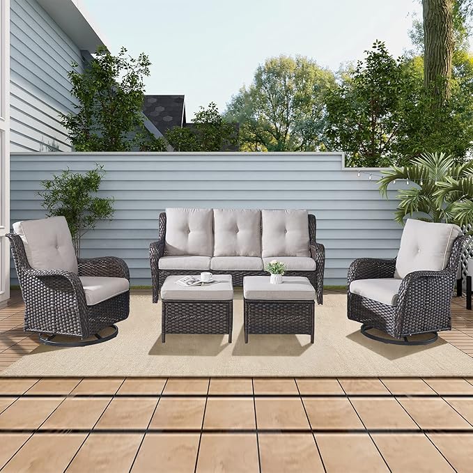 Rilyson Wicker Patio Furniture Set - 5 Piece Rattan Outdoor Sectional Conversation Sets with 2 Rocking Swivel Chairs,2 Ottomans and 1 Sofa for Porch Deck Garden(Brown/Beige)