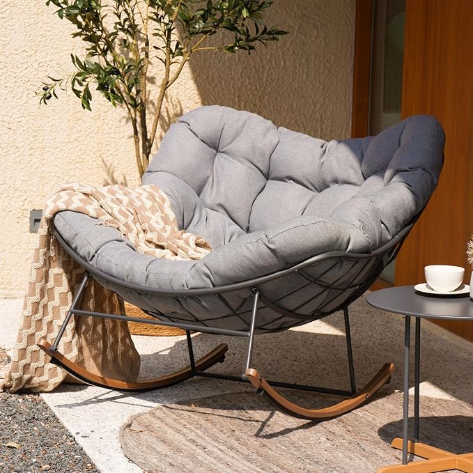 Grand patio Outdoor Rocking Chair, Oversized Papasan Rocking Chair with Thick Cushion, Indoor Outdoor Cozy Rocker for Balcony, Living Room, Patio, Gray by GrandPatio