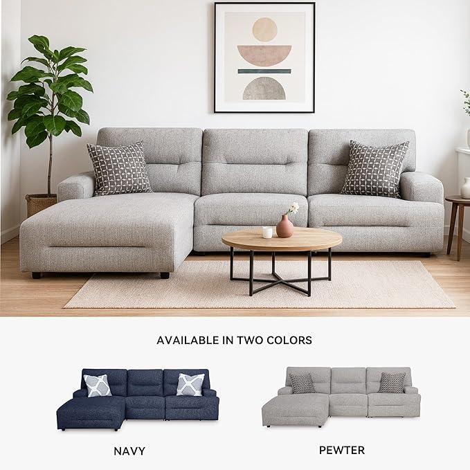 Signature Design by Ashley Acklen Place Stain Resistant Modern L-Shaped Left-Arm Facing 3-Piece Power Reclining Sectional with Adjustable Headrest, USB Ports and 2 Accent Pillows, Light Gray