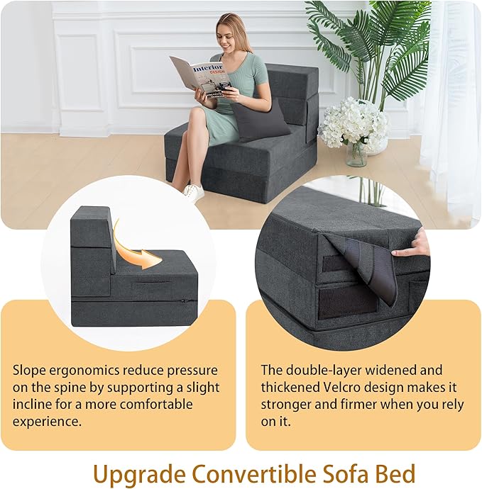 Folding Sofa Bed Chair with Pillow,Convertible Fold Out Chair Bed Sleeper,Foam Floor Mattress, Foldable Futon Couch Bed for Living Room/Dorm/Guest/Office (Grey, Single)
