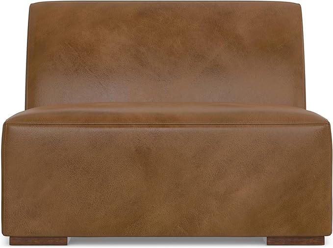 SIMPLIHOME Rex Center Sofa Module in Full-Grain Genuine Leather, Caramel Brown, 34-inches Wide, Handcrafted Modern-Style Armless Sofa or Armless Chair for Living Room and Family Room