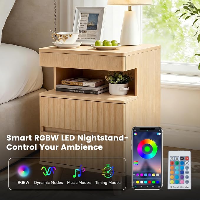 Eifizek Fluted Nightstand with LED Light & Charging Station, Modern Bed Side Table with 2 Storage Drawers & Open Shelf, Wooden End Table with Concealed Drawer for Bedroom, Living Room, Oak - Image 3