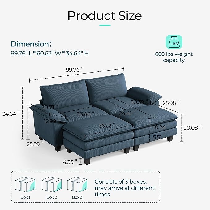 LINSY HOME Modular Sectional Sofa - Oversized Corduroy Cloud Couch with Movable Ottoman Soft Modern Comfy Sofa Set for Living Room Apartment Office, Blue