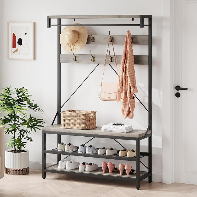 IDEALHOUSE Coat Rack Shoe Bench Industrial Hall Tree Storage Bench for Entryway Wood Look Accent Large Shoe Rack with Storage Shelf Hanging Bar,8 Hooks Grey 39.9"x15.7"x72" - Image 4