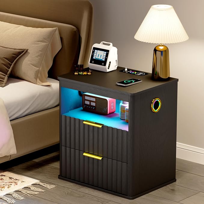 WOOVIVS Modern NightStand with Smart Human Sensor Lights, Bluetooth Music and 2 Large Storage Drawers, Bedside Table for Bedroom, Fluted Design, 23.6" H (Black) - Image 5