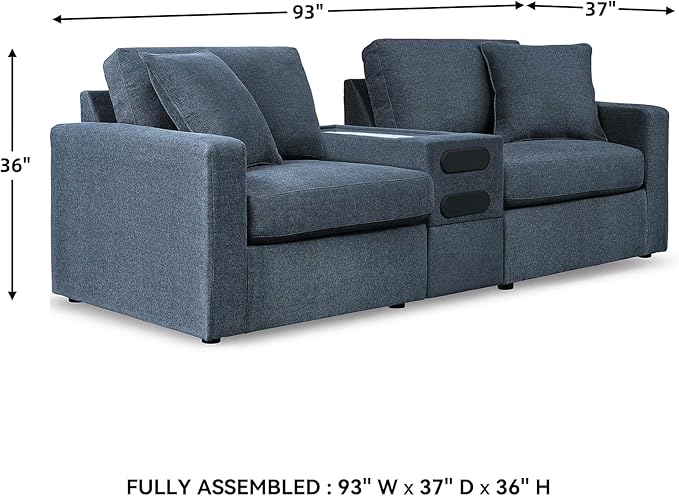 Signature Design by Ashley Modmax Contemporary Modular Stain Resistant 3-Piece Sectional with Audio Console, Drawer Storage, USB Ports and 2 Accent Pillows, Blue