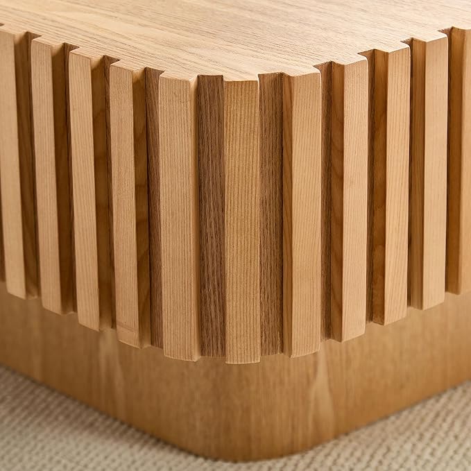 WILLIAMSPACE 35.43" Square Coffee Table with Sturdy Base, Modern Luxury Wood Drum Center Table Accent End Side Table for Living Room, Minimalist Fluted Design, Oak