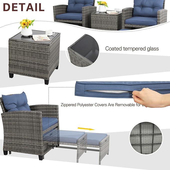 Vongrasig 5 Piece Patio Furniture Set, Small Balcony Furniture, PE Wicker Rattan Patio Chairs Set of 2, Outdoor Lounge Chairs with Cushions Ottomans &Glass Table for Porch Garden(Navy Blue)