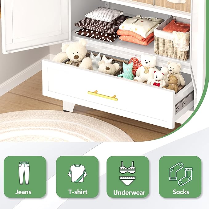 Ckzbx 71" H Metal Armoire Wardrobe Closet with Mirror, Adjustable Shelve, Clothes Metal Wardrobe Cabinet for Bedroom (1 Drawer, White)