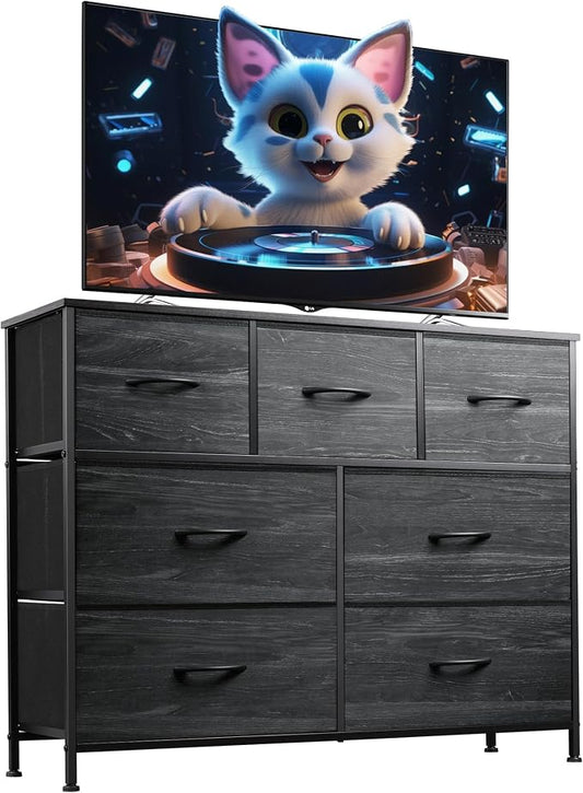 WLIVE 7 Drawer Dresser TV Stand, Entertainment Center, Media Console Table with Metal Frame and Wood Top for TV up to 45 inch, Chest of Drawers for Bedroom, Charcoal Black Wood Grain Print by WLIVE