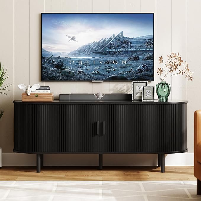 ONBRILL 55" TV Stand with Power Outlet for TVs up to 60 Inch, Entertainment Center with Storage and Adjustable Shelves, Modern Media Console with Sliding Doors for Living Room, Black by ONBRILL