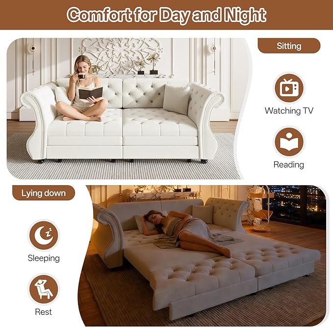 Eafurn Oversized 3-Seater Chesterfield Loveseat Convertible Queen Size Sleeper Couch Bed,Classic Tufted Velvet Pull Out Loveseat Sofa Bed with Roll Armrest and Solid Wood Legs