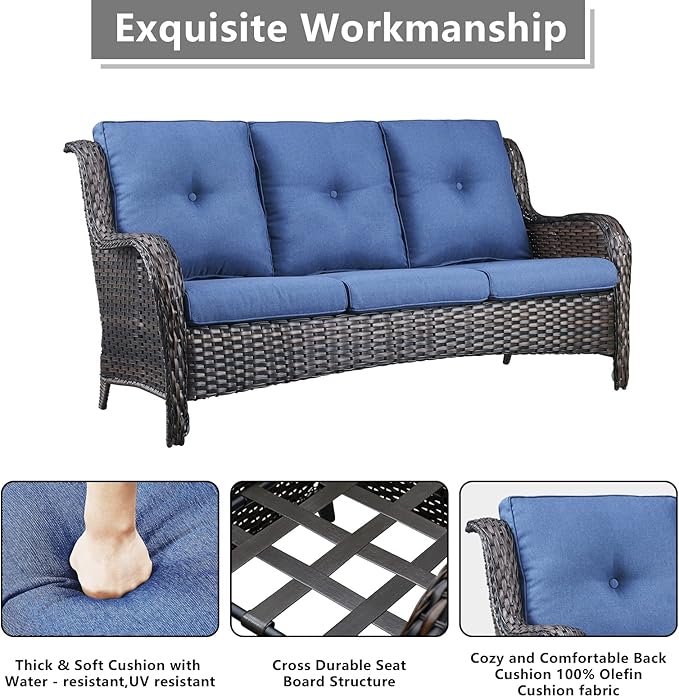 Rilyson Wicker Patio Furniture Set - 6 Piece Rattan Outdoor Sectional Conversation Sets with 2 Sofa,2 Armrest Chairs and 2 Ottomans for Porch Deck Garden(Brown/Blue)