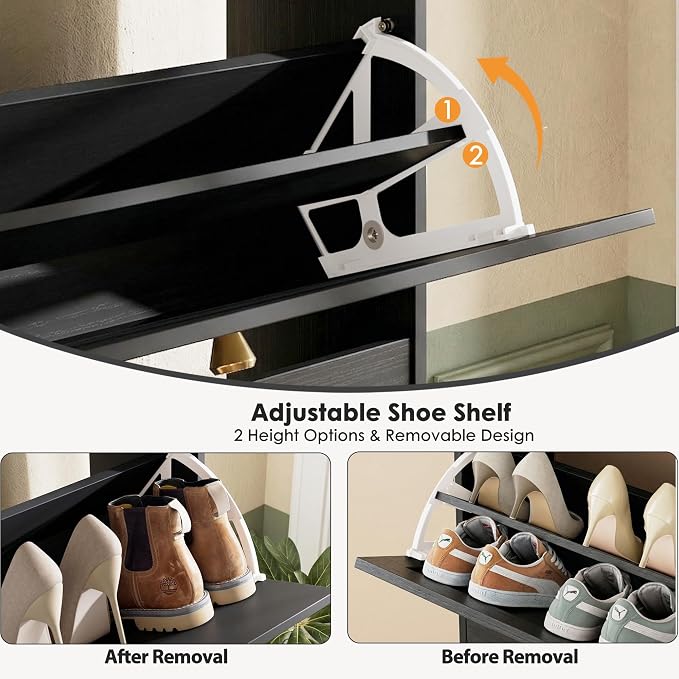 Nicetree Shoe Cabinet with 3 Flip Drawers, Narrow Shoe Organizer Cabinet, Freestanding Shoe Rack Cabinet, Morden Shoe Storage Cabinet for Entryway, Hallway, Foryer, Black with Hook - Image 7