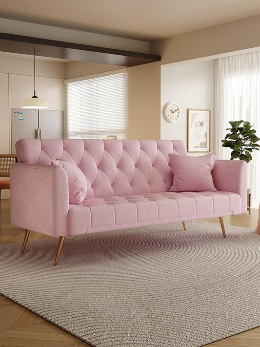 KEIKI 71 INCH Loveseat Sofa with Adjustable Backrest, Upholstered 2 Seater Velvet Couch for Living Room Bedroom Office Apartment, Pink